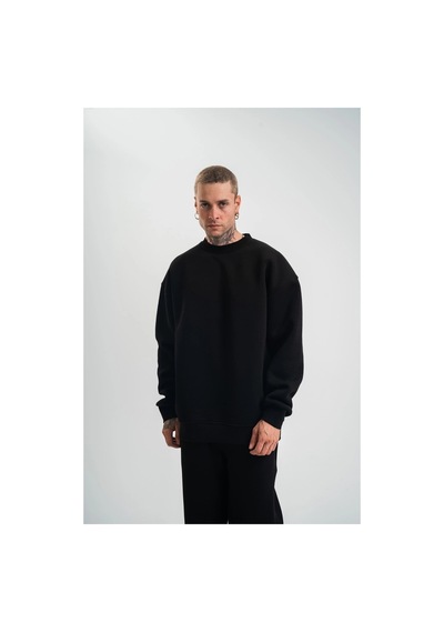 Erkek Uzun Kol Bisiklet Yaka 3 İplik Pamuklu Kışlık Sweatshirt - Siyah