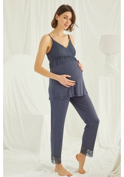 Burdagel Monamise Kadın Lacivert Hamile Lohusa Sabahlıklı Pijama Takım 184