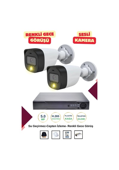 İrtech-2 Kameralı Güvenlik Kamera Seti Gece Renkli Görüşlü-sesli-su Geçirmez-tak Çalıştır G06