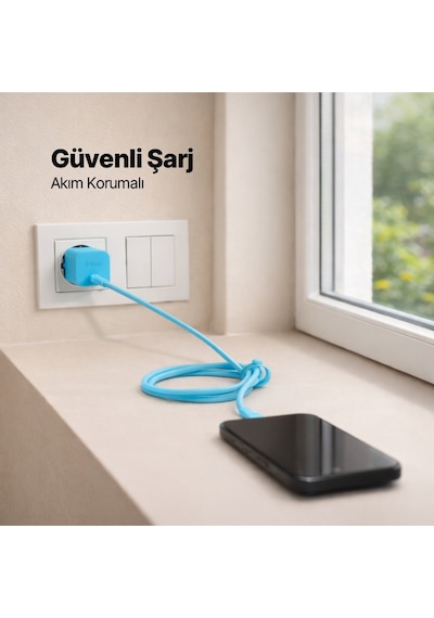 Ttec Smartcharger Gan 45W Avs PD Seyahat Hızlı Şarj Aleti + USB-C - USB-C 3A 120 CM Kablo Neon Mavi