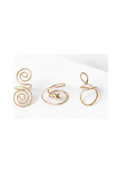 Spiral Ve Yıldız Detaylı Gold Renk 3'lü Kombin Ayarlanabilir Yüzük Seti Çok Renkli