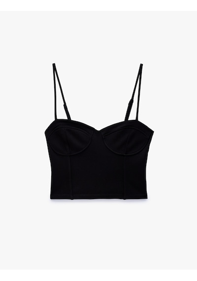 Koton Slim Fit Viskon Kalp Yaka Askılı Korse Crop Bluz Siyah 7wal30047ık