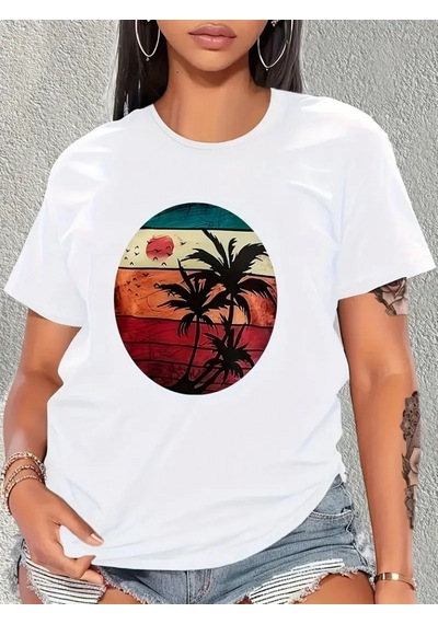 Etiler Collection Kadın Kısa Kollu Palmiye Baskılı Viskon T-shirt Beyaz