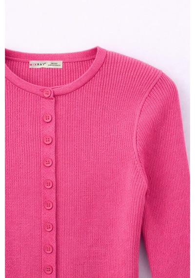 Hiccup Mixray Düğmeli Slim Fit Yivli Örgü Hırka Pembe