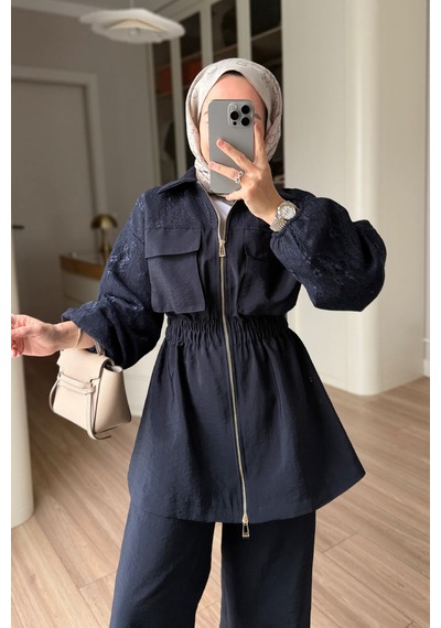 Ka Hijab Dantel Detaylı Takım - Lacivert