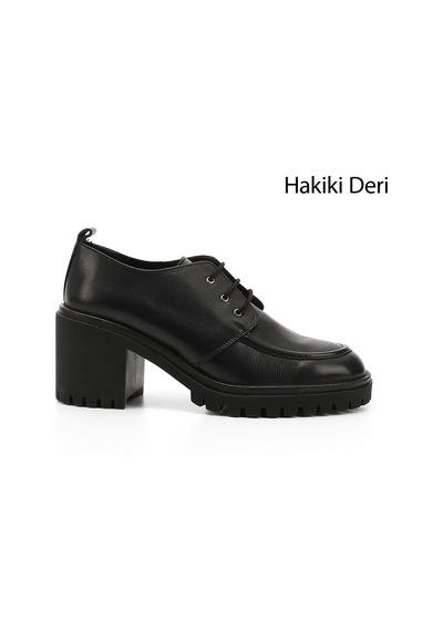 Gönderi(R) Gönderi R Siyah Bağcıklı Orta Kalın Topuklu Hakiki Deri Ayakkabı Siyah