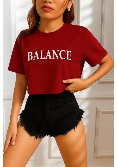 Kadın Tişört Crop Tişört Baskılı Fit Tişört Balance-tişört Bordo
