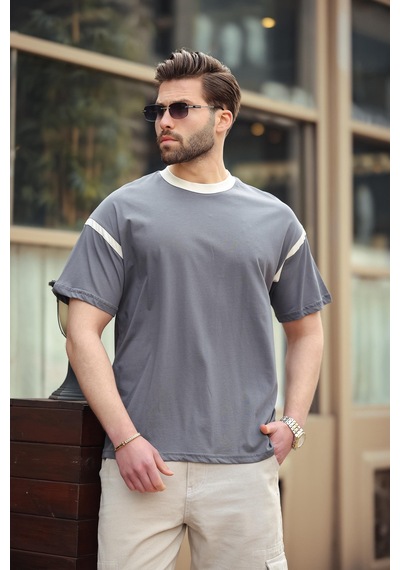 Madmext Füme Bisiklet Yaka Regular Fit Erkek T-shirt E7126 Füme
