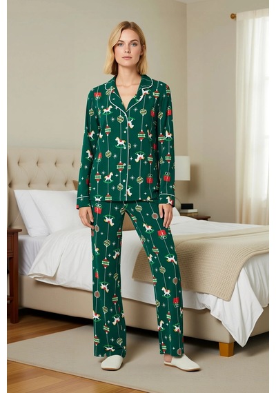 Benerly Kadın Gömlek Yaka Standart Kol Regular Kalıp Pijama Takımı Fonksi Yeşil