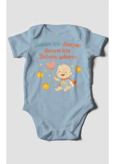 Morivokids Babaya Ve Anneye Özel Kısa Kollu Bebek Body %100 Pamuk Bebe Mavisi
