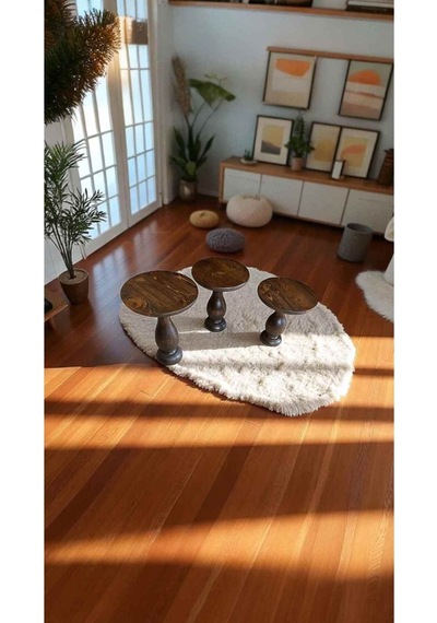 Ahşap Yan Sehpa 3 Lü Set Ceviz Renk Mantar Sehpa Takımı - Wooden Side Table Ceviz