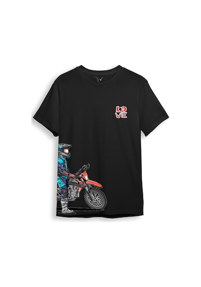 Cross Motor Enduro Ekipmanları Göğüs Ve Yan Detay Baskılı Regular Fit %100 Pamuk Siyah T-shirt Siyah