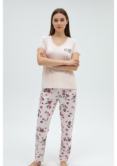 Kompedan Kadın Ring Viskon V Yaka Altı Desenli Kısa Kol Pijama Takımı Pembe 40113-4119