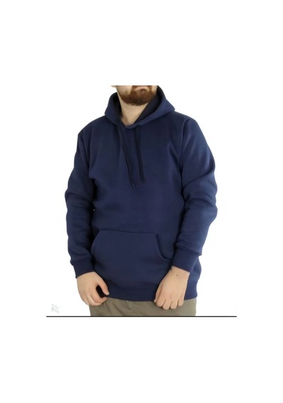 Erkek 3 İplik Pamuklu Kapüşonlu Cepli Hoodie Sweatshirt - Lacivert