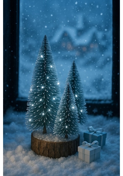 Ahşap Kütük Üzerinde 4 Lü Led Işıklı Noel Kar Efektli Çam Ağaçları Seti 23 Cm - 18 Cm - 12 Cm -13 Cm 23 CM