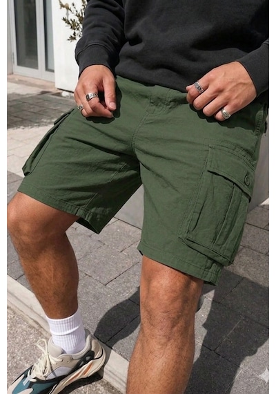 Tarz Cool Erkek Kargo Cepli Lastikli Bel Günlük Şort Haki