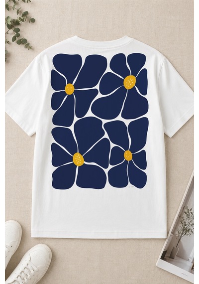 Spoyi Blue Daisy Tasarımlı %100 Pamuk Yarım Oversize Beyaz T-shirt