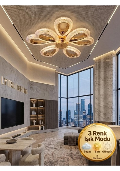 Damla Model 8'li Gold 3 Renk Modu Ledli Tavana Sıfır Salon Mutfak Çocuk Yatak Odası Led Avize