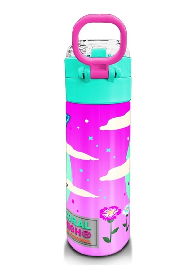 Coral High Kids Su Yeşili Pembe Kedi Desenli Pipetli Ve Direkt İçim Çelik Termos 500 Ml 31796 Yeşil