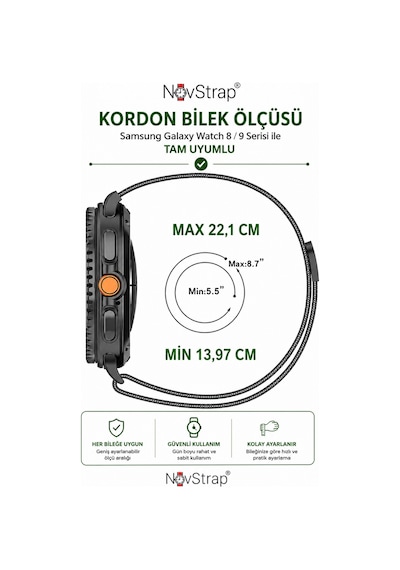 Novstrap Samsung Galaxy Watch 9 40mm 44mm İle Uyumlu Kordon Mıknatıslı Metal Çelik Hasır Kayış