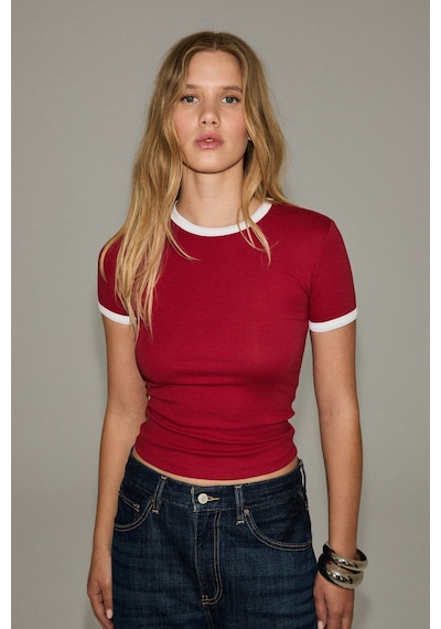 Grımelange Asterıque Kadın Yumuşak Ve Esnek Kumaşlı Kontrast Biyeli Slim Fit Kırmızı T-shirt