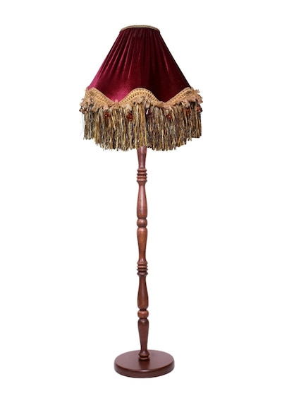 Bordo Gold Saçak Vintage Lambader Kumaş Kaplama Kahverengi Ahşap