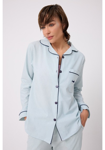 Lespadon Marısılk Seastrıpe Premium Dokuma Uzun Kollu Uzun Pantolonlu Kadın Pijama & Lounge Takımı-3197 Yesil