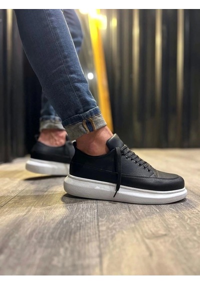 Mevese Meverk Cilt Erkek Sneaker Ayakkabı Kalın Taban Günlük Siyah