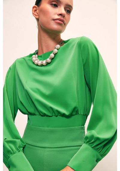 Sateen Kolye Detaylı Crop Bluz - Yeşil