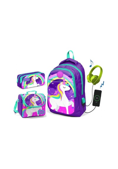 Coral High Kız Çocuk Mor Unicorn 3'lü Çanta Takımı - USB Soketli