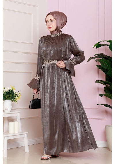 Kolu Volanlı Nakış Detaylı Abiye-kahverengi-4709
