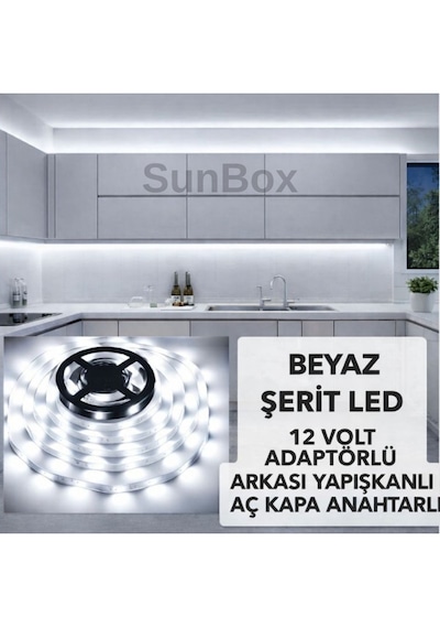 Şerit Led Mutfak Dolabı Tezgah Üstü Tv Arkası Tam Set Adaptörlü Butonlu 5 Metre Beyaz Işık 6500K - Beyaz Işık