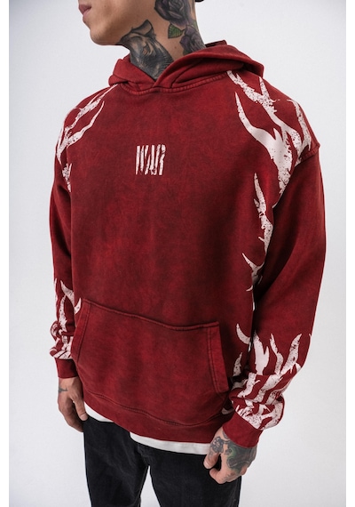 Respire Erkek War Baskılı Yıkamalı Kapüşonlu Oversize Hoodie Bordo