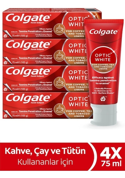 Colgate Optic White Kahve Çay ve Tütün Kullananlar için Diş Macunu 4 x 75 ML