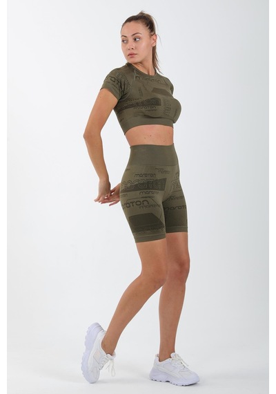 Maraton Active Slimfit Kadın Bisiklet Yaka Kısa Kol Koşu Haki Crop Top 811037 Haki