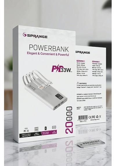 Sprange 20000 Mah 33w Hızlı Şarj Pd Qc 3.0 Kendinden 4 Kablolu Dijital Göstergeli Powerbank Kılıf  20.000 Mah