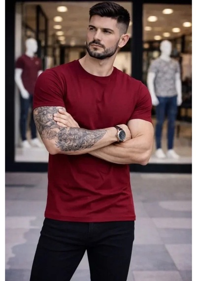 Butik İstanbul Erkek T-shirt Bisiklet Yaka Slim Fit Dar Kesim Likralı Tişört Günlük Basic Body - Bordo