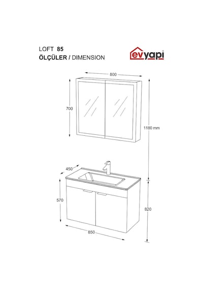 Biani Fix Loft 85 Cm Banyo Dolabı,Seramik Lavabolu, Aynalı,Lavabo Dahil,Mdf,Mat Gri Biani Fix Loft 85 Cm Banyo Dolabı,Seramik Lavabolu, Aynalı,Lavabo Dahil,Mdf,Mat Gri