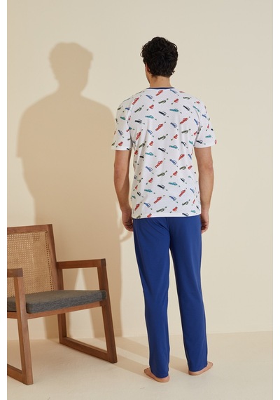 Siyah İnci Bisiklet Yaka Baskılı Örme Pijama Takım 25109830 Beyaz