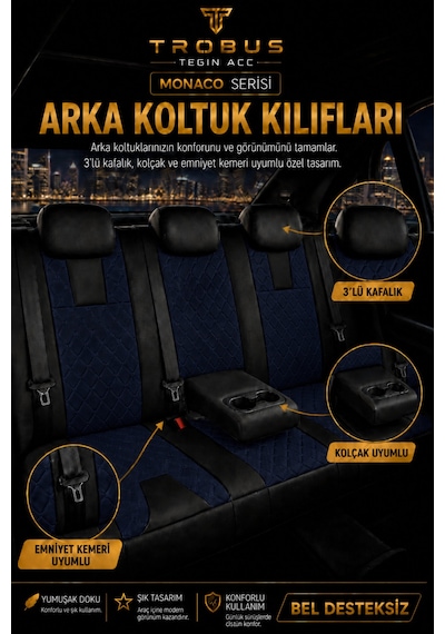 Vw Golf 7 Kasa 2013-2020 Uyumlu Monaco Serisi Eviza Deri Detaylı Lacivert Koltuk Kılıfı