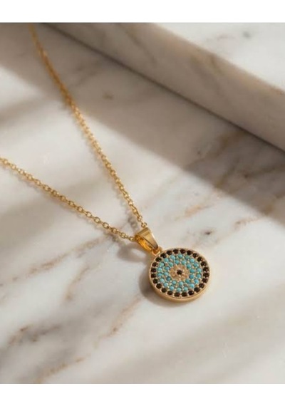 Stainless Steel Zirkon Taşlı Nazarlı Çelik Kolye Gold