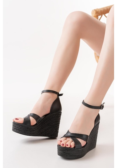 Asmi Shoes Kadın Çapraz Bantlı Dolgu Topuklu 11cm Ayakkabı Rahat Yüksek Topuklu 700 Siyah Siyah