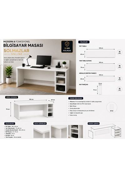 Gaming Modern Bilgisayar & Çalışma Masası 140x60x75 Cm Beyaz