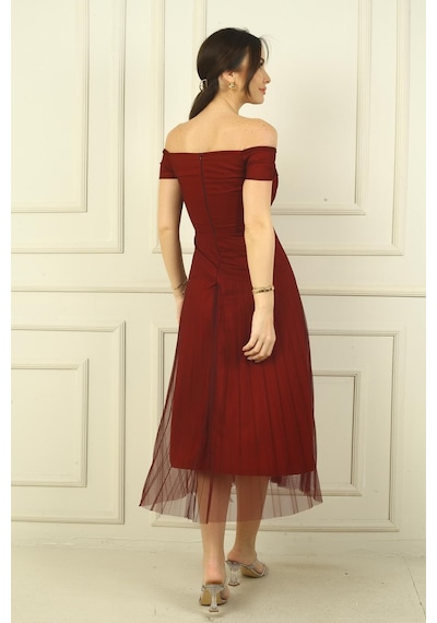 By Saygı Madonna Yaka Astarlı Eteği Şifon Pilisoley Elbise-40139 Bordo