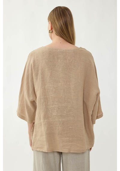 Vitrin %100 Keten Geniş Yaka Oversize Kısa Kol Bluz Bej