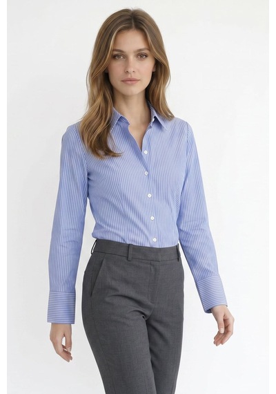 Tudors Kadın Slim Fit Dar Kesim Pamuklu Uzun Kollu Çizgili Mavi Kadın Gömlek-51527