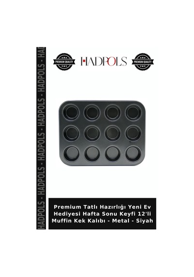 Premium Tatlı Hazırlığı Yeni Ev Hediyesi Hafta Sonu Keyfi 12'li Muffin Kek Kalıbı - Metal - Siyah