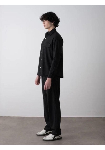 Erkek Teenage Oversize Çizgili Gömlek Pantolon Takım-15545 Siyah