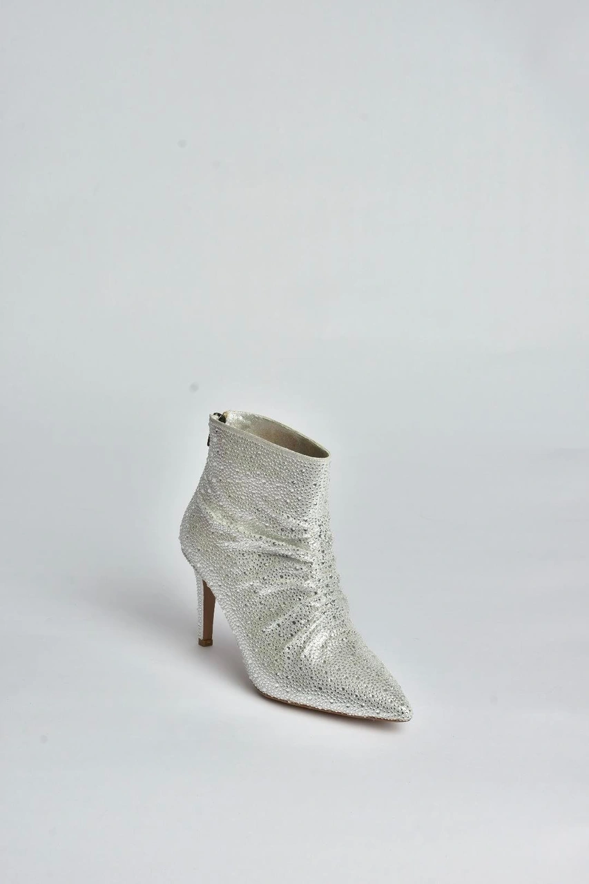 Fox Shoes V572127214 Gümüş Sim Taşlı İnce Topuklu Abiye Bot Gümüş-sim
