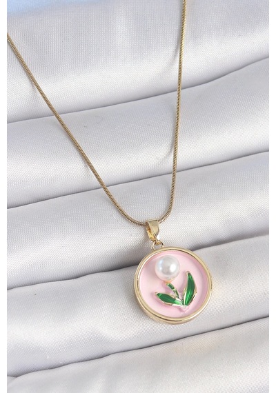Mey İthalat 316l Çelik Gold Renk Zincir Pembe Mineli İncili Çiçek İşlemeli Portre Model Kadın Kolye 11 93302640